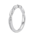Close-up of a moissanite eternity ring featuring a braided metal and diamond-like vine design.