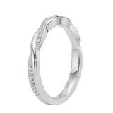 Close-up of a moissanite eternity ring featuring a braided metal and diamond-like vine design.
