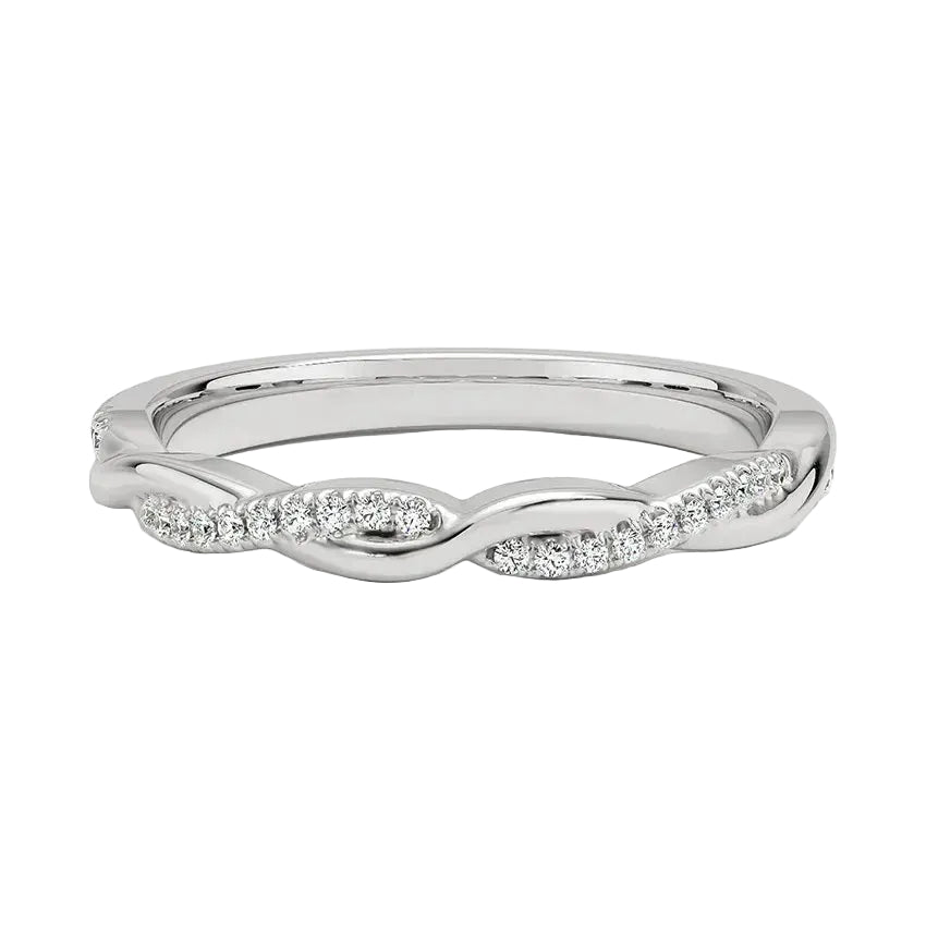 White gold twisted infinity wedding band with pavé moissanite accents by ApolloGem.