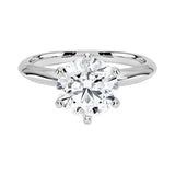 Six-prong round solitaire engagement ring with bi-metal gold design and high-quality GRI certified moissanite.
