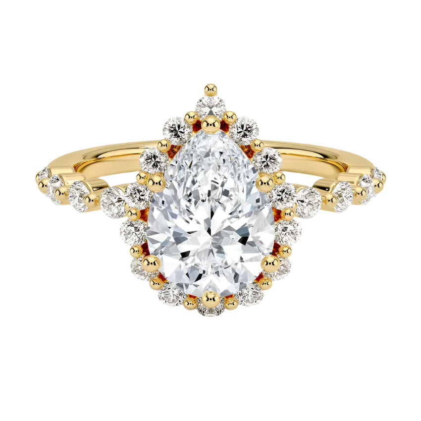 Unique floral halo engagement ring pear cut moissanite yellow gold South Africa