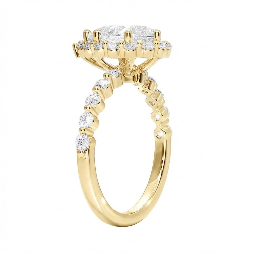 Vintage style pear ring with cluster halo and bubble band side view details
