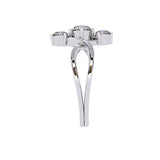 Silver ring with three gemstones on a white background